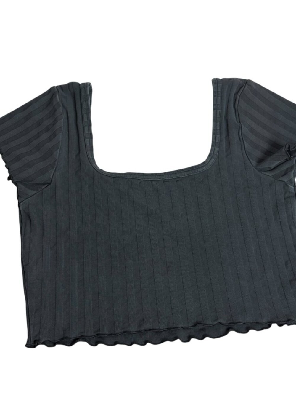 Aerie Offline Size M Groove Crop Tee Shirt Grey Ribbed Square Neck Lettuce Hem - Picture 5 of 7